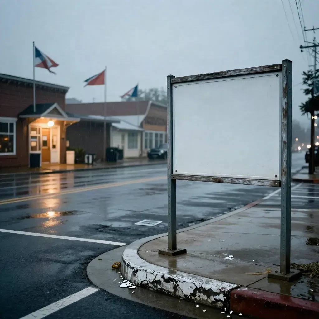Stormy town intersection with campaign frames, distant polling place, and wet flag reflections.