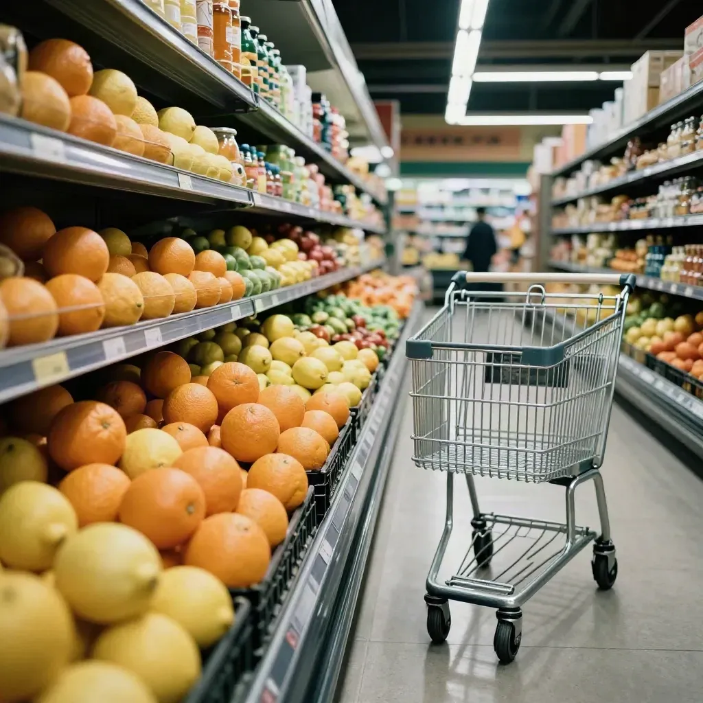 Produce aisle with stacked citrus, refrigerated doors, and a cart at the end.