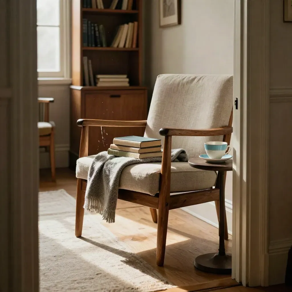Sunlit reading chair with three books, a blanket, and a blue teacup in a warm room.