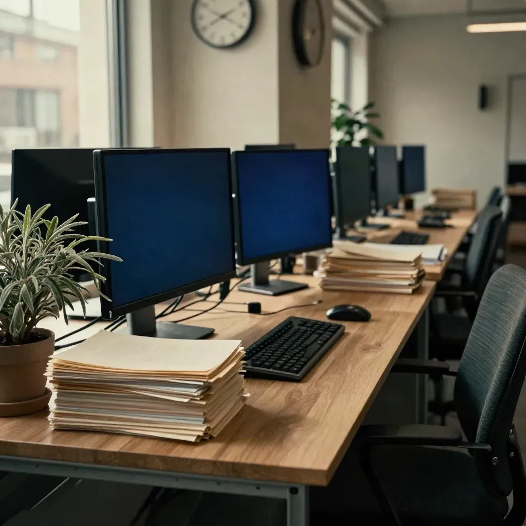 After-hours city newsroom desk with dark monitors, paper piles, clock blur, and a potted plant.