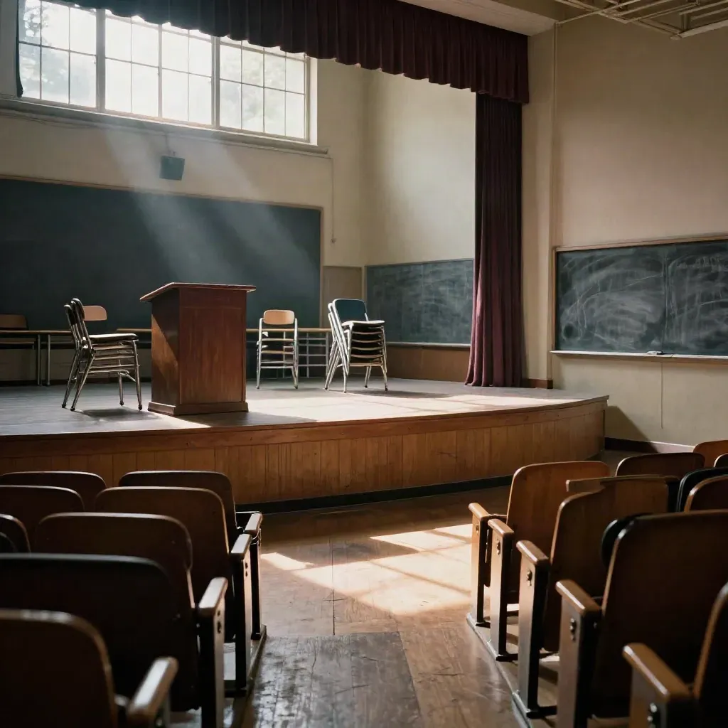 Empty school stage with podium, stacked chairs, and chalkboard in slanting light.
