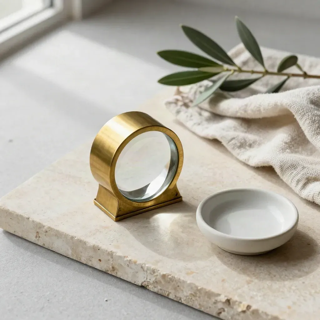 Brass state capitol paperweight with linen, dish, and olive sprig on pale stone.