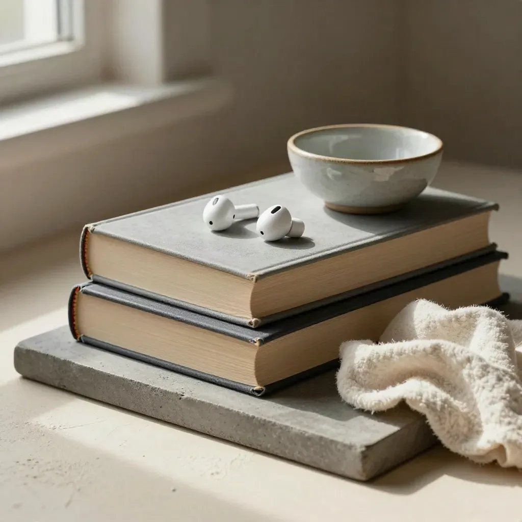 Book stack, earbuds, bowl and folded cloth on a stone tray in soft window light.
