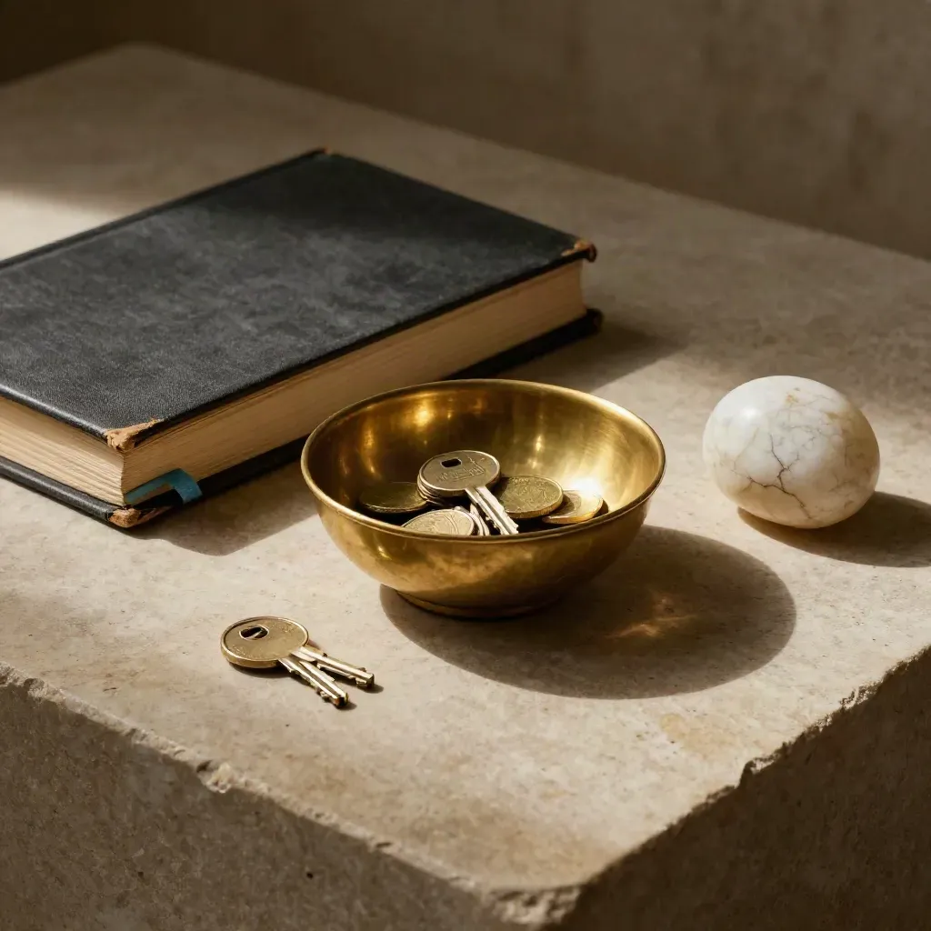 Brass key bowl, closed ledger, and stone paperweight on warm limestone.