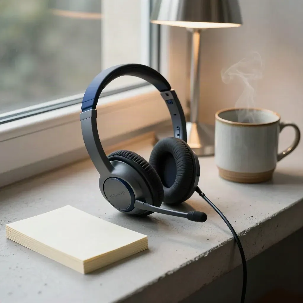 Headset, lamp, notecards and mug on a concrete sill in soft editorial light.