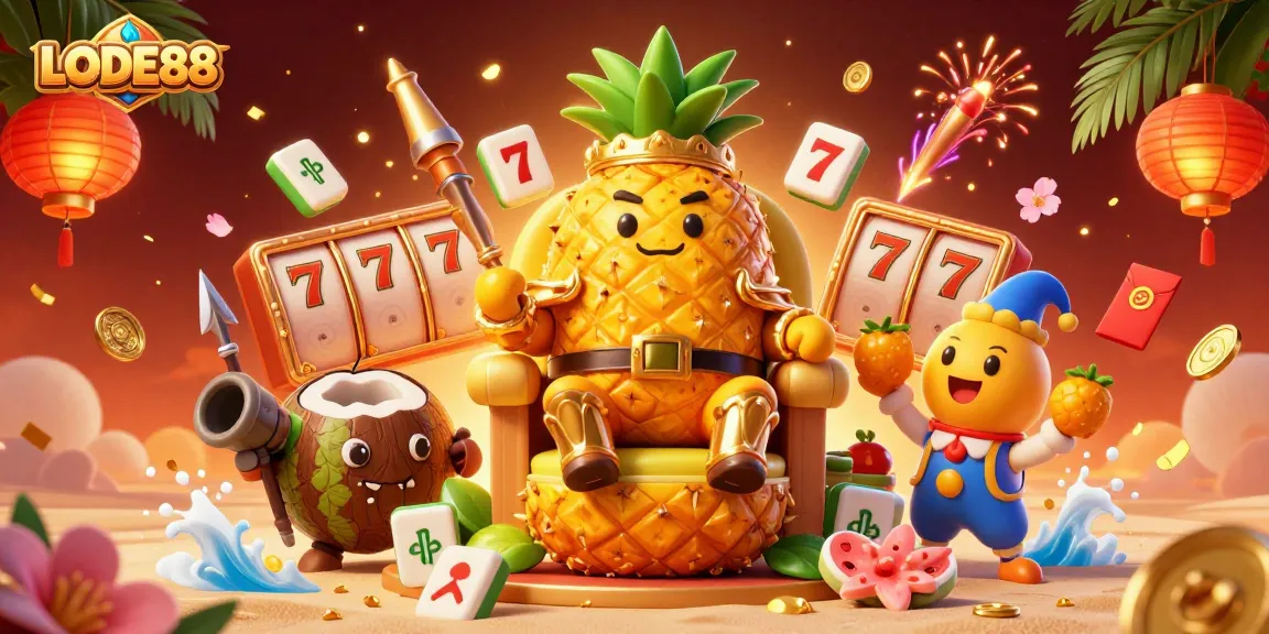 Join the excitement at LODE88, a vibrant casino scene with characters, slot reels, and festive elements.