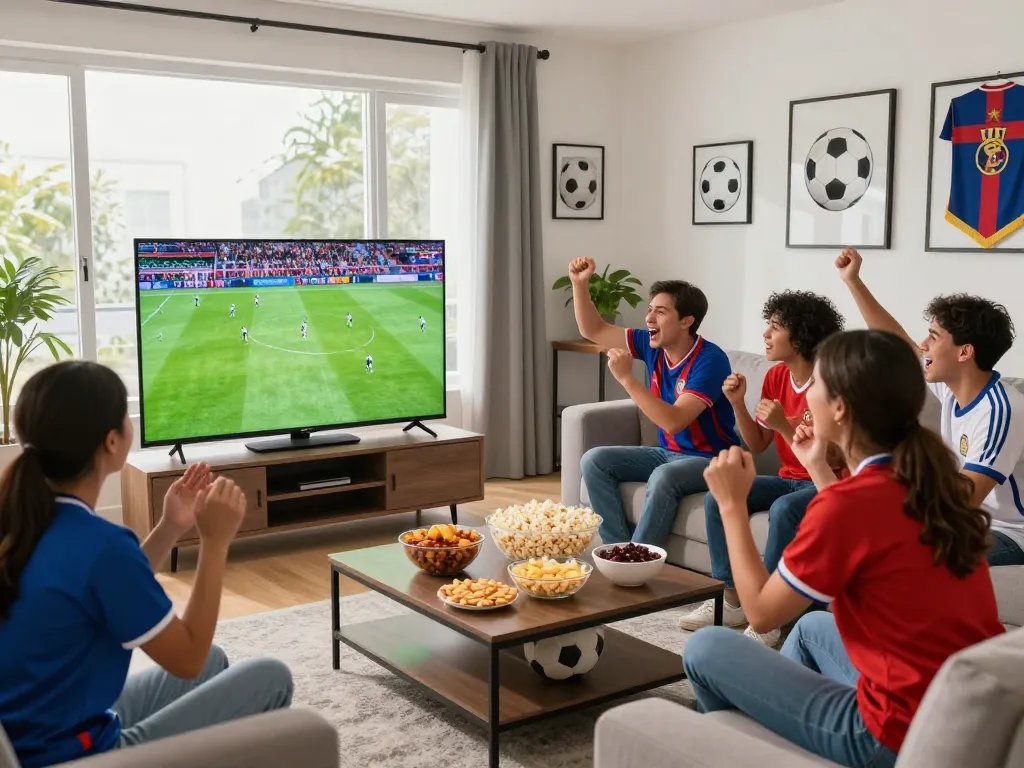 Excited friends watching live football match ดูบอล in a modern living room.