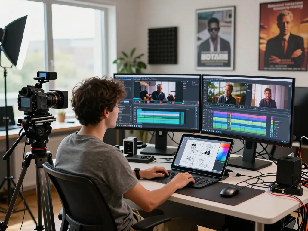 Filmmaker utilizing mind control AI technology in a professional video production studio, surrounded by high-end equipment.