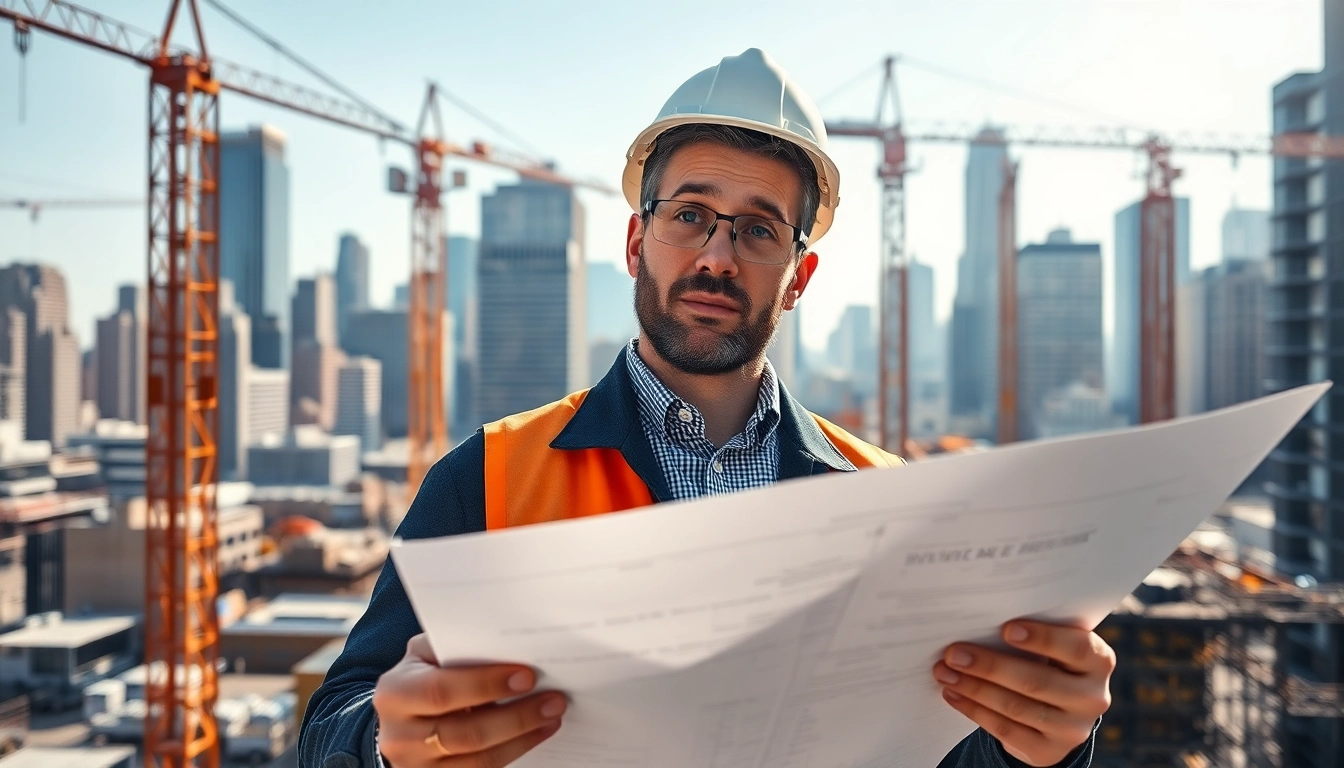 New York Construction Manager supervising a building site with blueprints.
