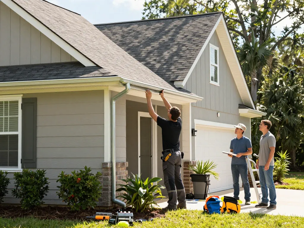 Seamless gutters jacksonville fl installation by a contractor on a sunny Jacksonville home.