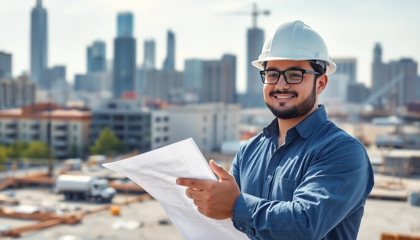 New Jersey Commercial General Contractor overseeing construction site with blueprints.