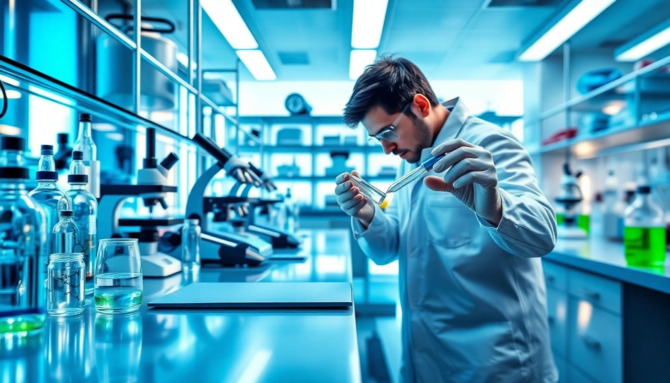 Hydro Research scientists analyzing peptide samples in a modern laboratory setting.