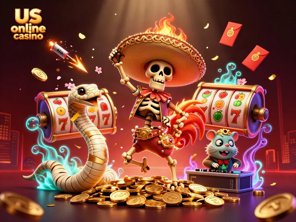 Interactive scene showcasing characters representing an us online casino, with vibrant casino game elements.