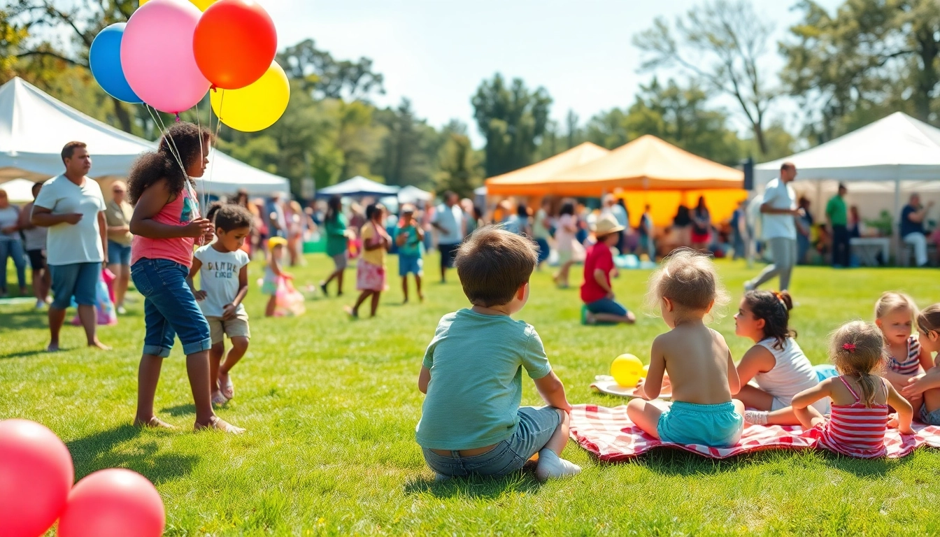 Families celebrating Clarksburg events in a lively park with colorful activities.