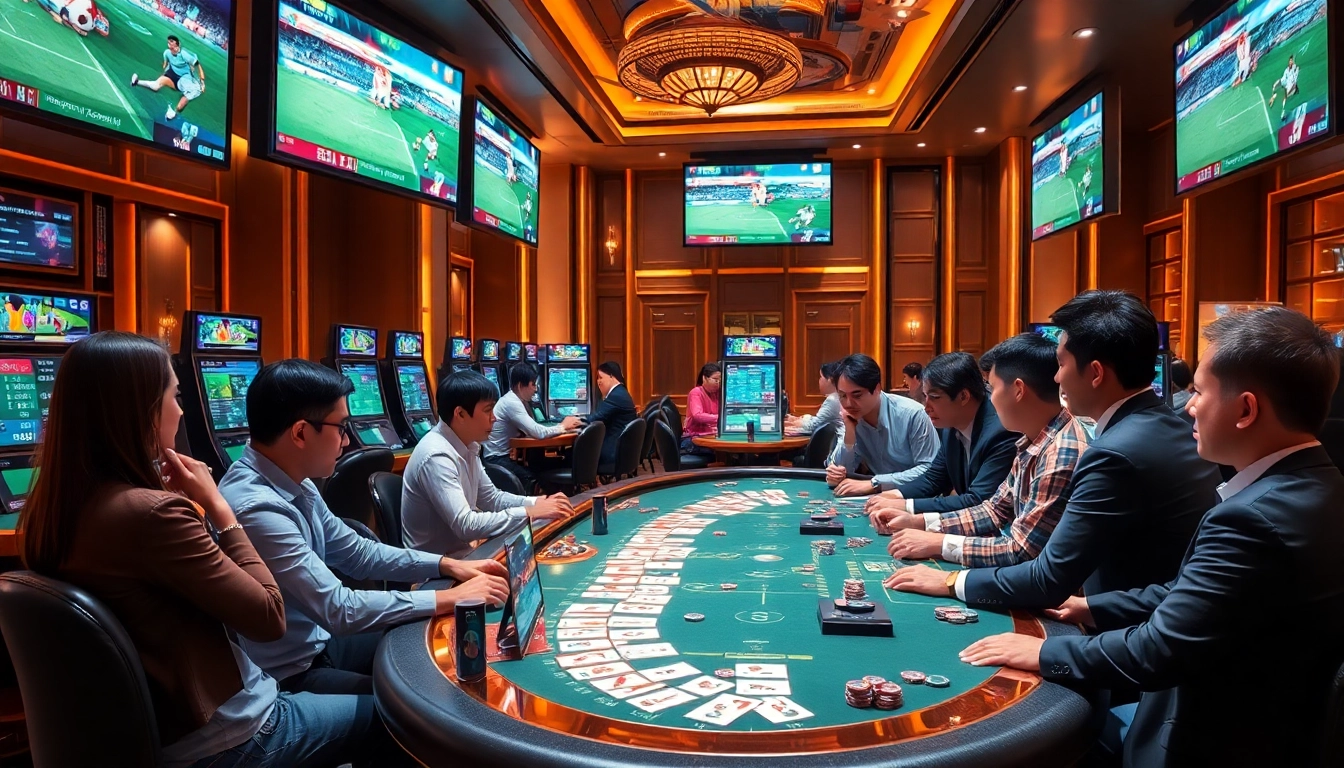 Engaging scene of players betting on keo nha cai at a vibrant casino sportsbook with live match screens.