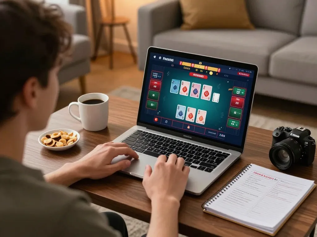 Engaged player enjoying Link Five88 chính thức poker game on a laptop in cozy living room.