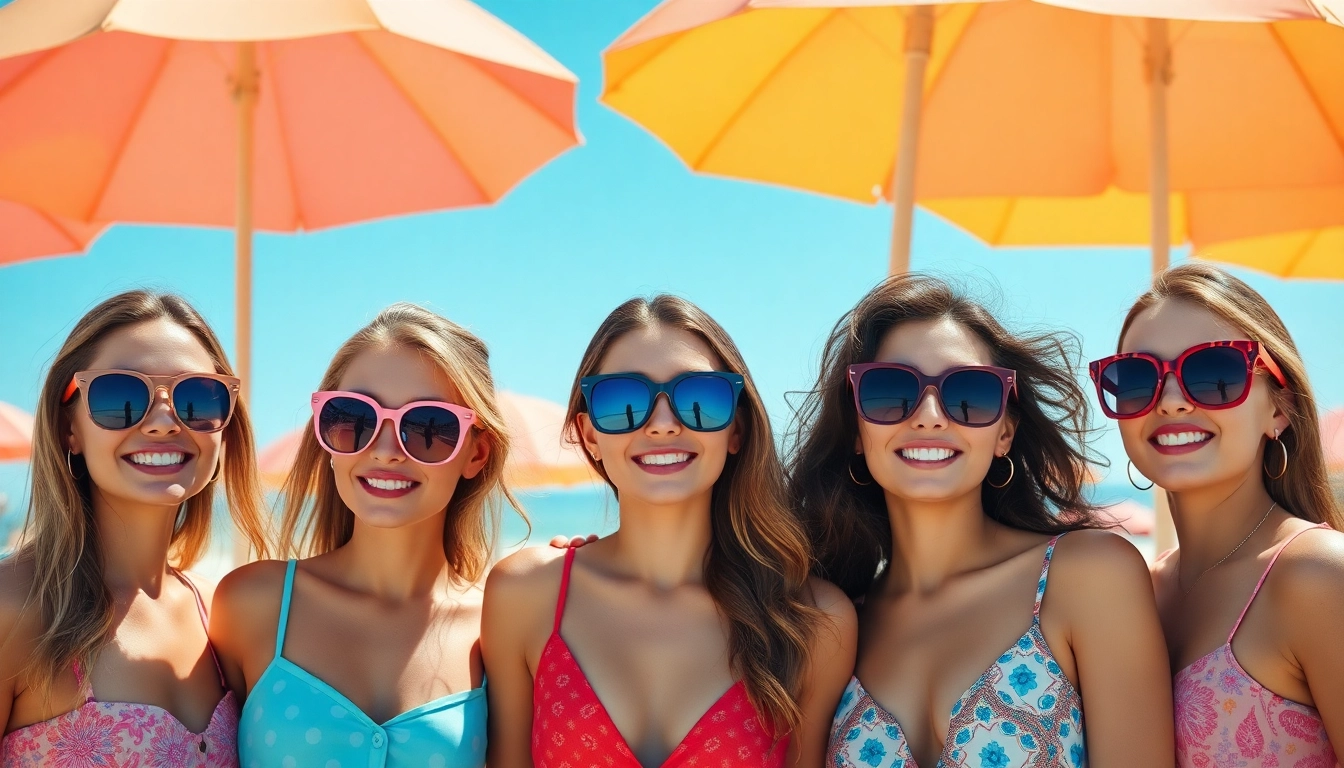 Women flaunting trendy sunglasses for women with beach scenery in the background.