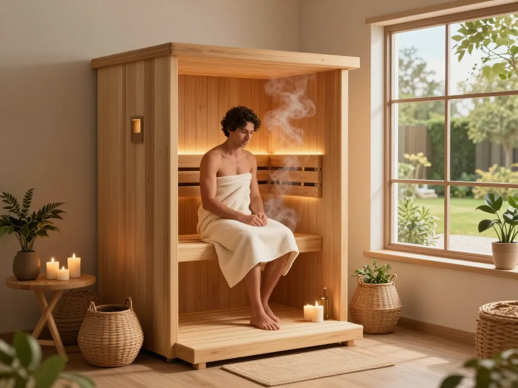 A serene sauna 3D model in a stylish home setting, showcasing a cozy atmosphere with steam, greenery, and warm lighting.