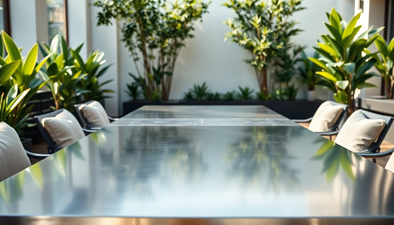 Elegant stainless steel table highlighted in a modern outdoor setting, perfect for gatherings.