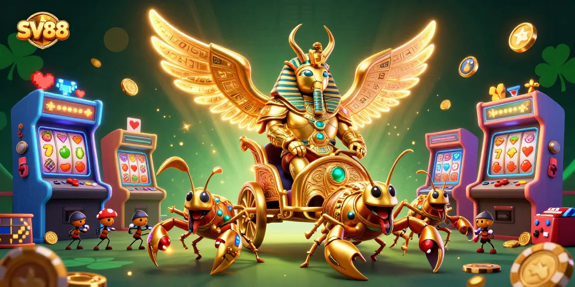 Experience exhilarating fun with SV88's vibrant casino scene featuring a golden scarab and captivating game elements.