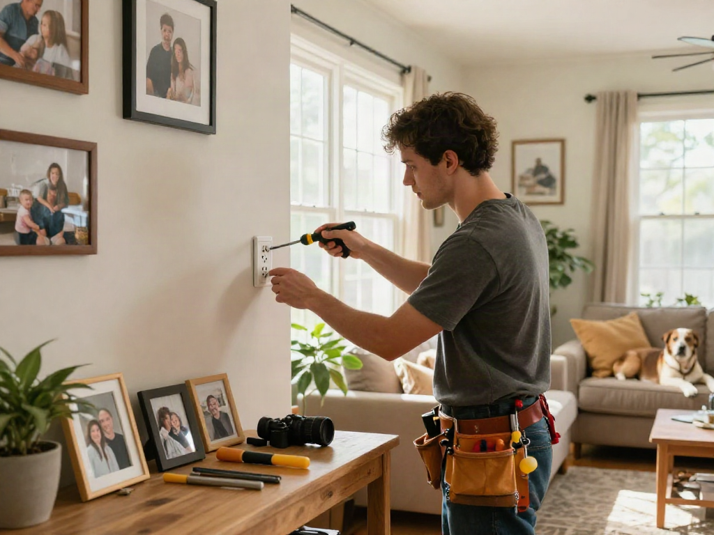 Skilled handyman providing home repair services Des Moines Iowa in a cozy living room with family photos and tools around.