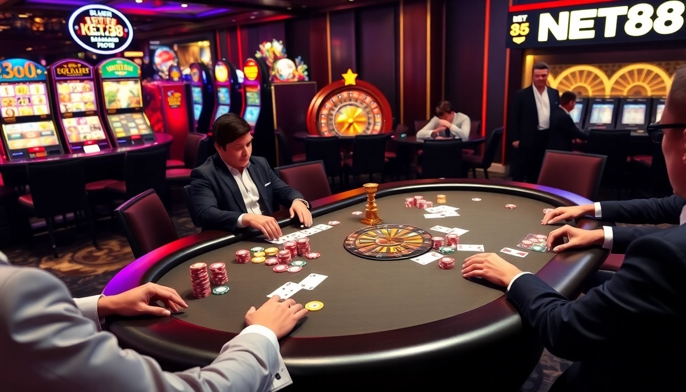 Engaging poker game scene featuring NET88 gambling options, showcasing chips and cards.