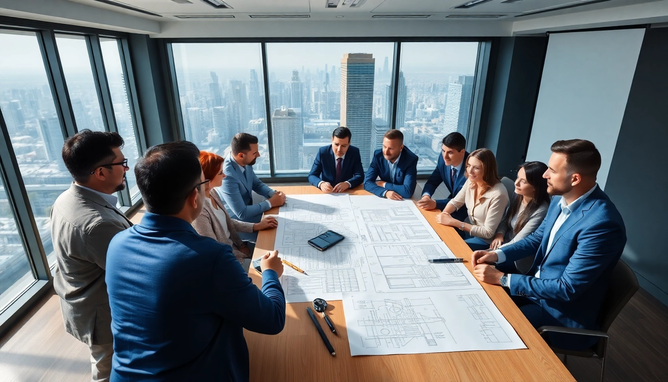 Engaged professionals in a construction association meeting discussing plans and blueprints.