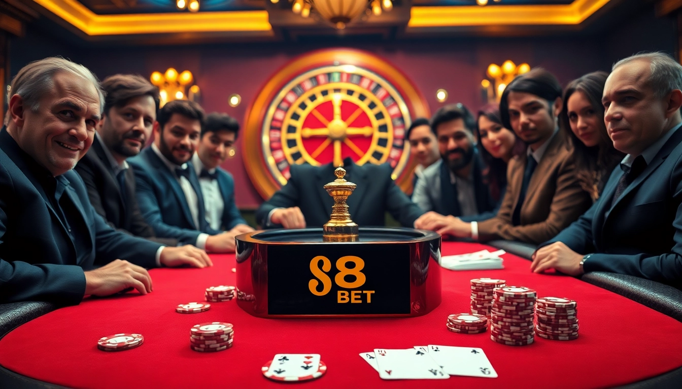 Experience the thrilling ambiance of F8 BET at this luxury casino table filled with eager gamblers.
