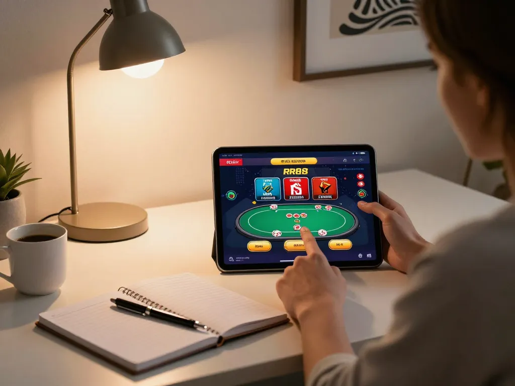 Player engaging in online poker at RR88, surrounded by strategic notes and a cozy setup.