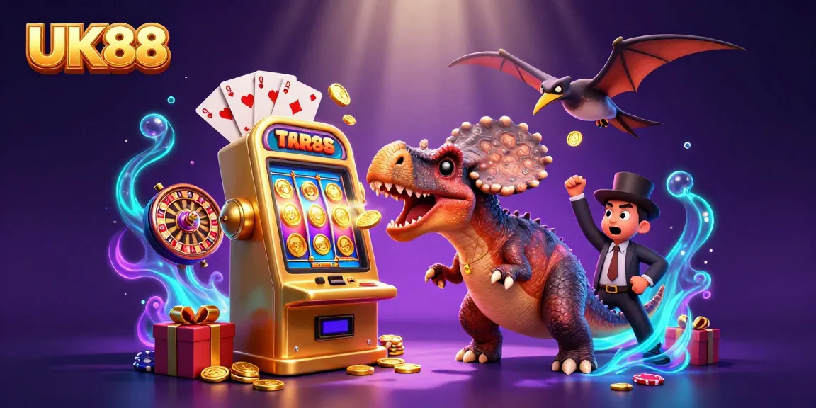 UK88 features a pachycephalosaurus celebrating jackpot wins with dynamic casino elements.
