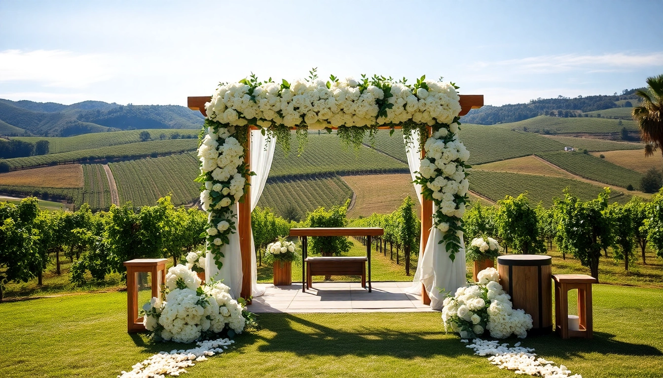 Celebrate a Clarksburg wedding with an elegant altar in a vineyard setting.
