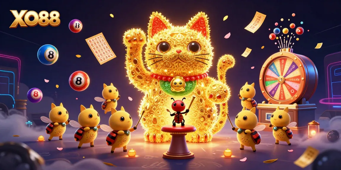Play thrilling games at XO88, featuring dynamic casino symbols and a lucky cat illuminated in vibrant activity.