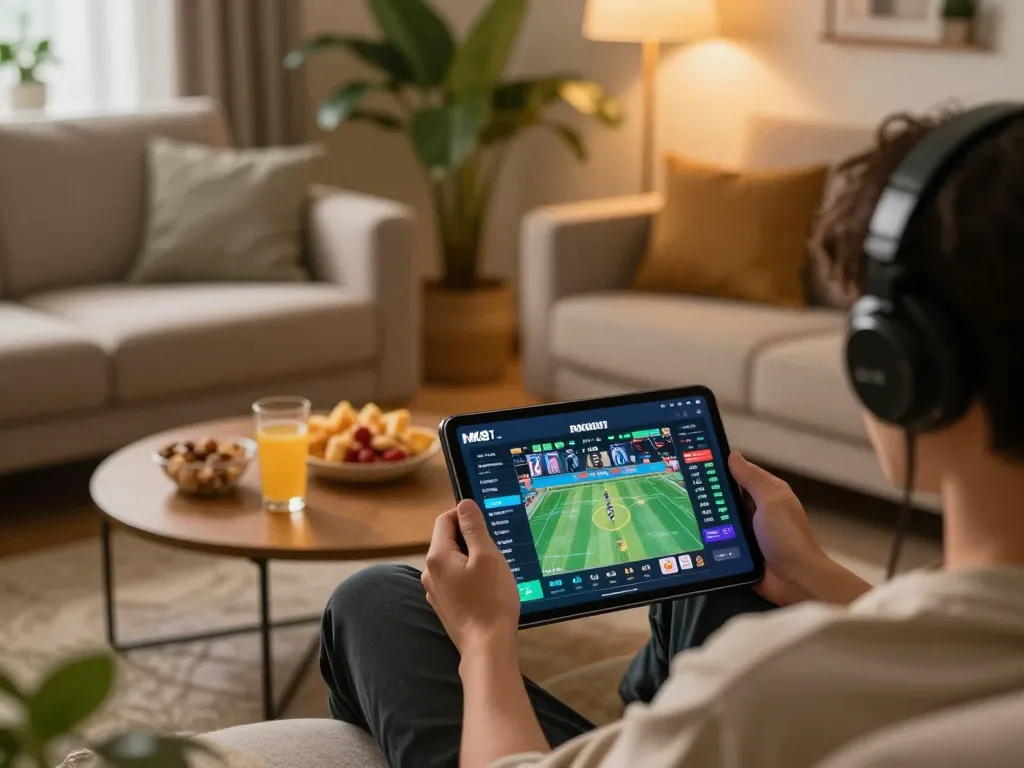 Player betting on mk8th platform using tablet in cozy home setup with warm lighting