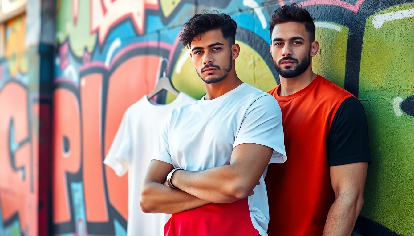 Showcase the best blank t shirts displayed by a model in a vibrant urban setting.