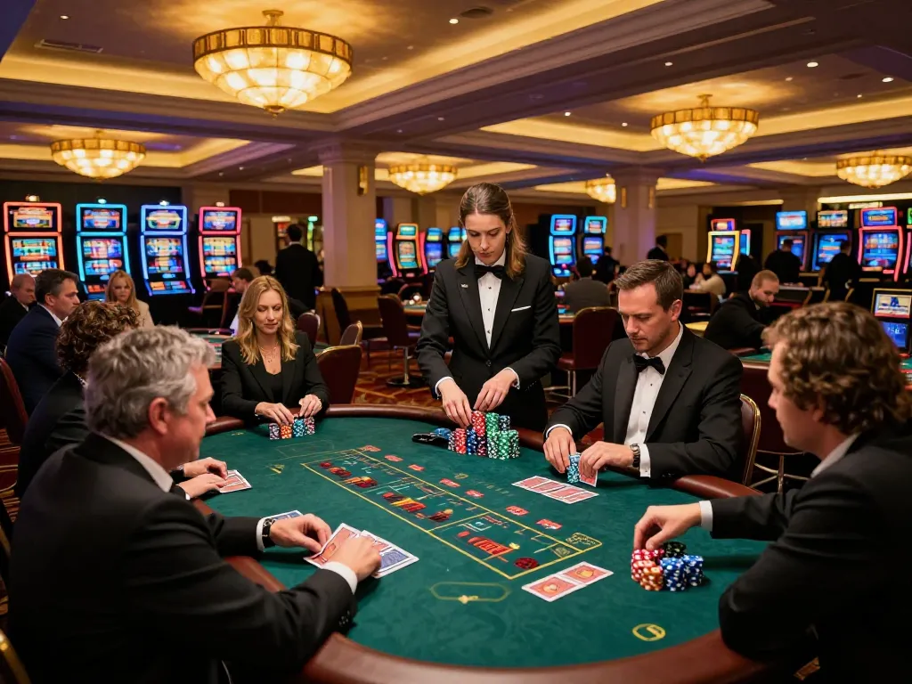 Players at TG88 blackjack table engaged in strategic betting, vibrant casino environment.