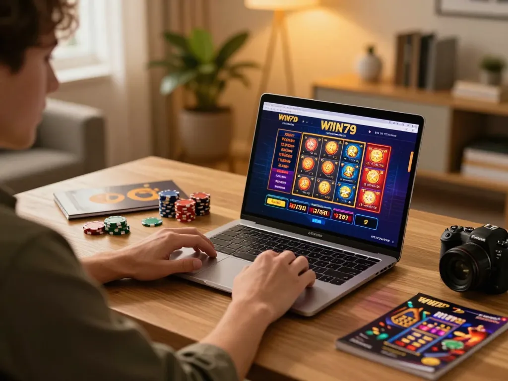 Player enjoying online casino gaming on WIN79 platform with engaging gameplay atmosphere, stylish home office background.