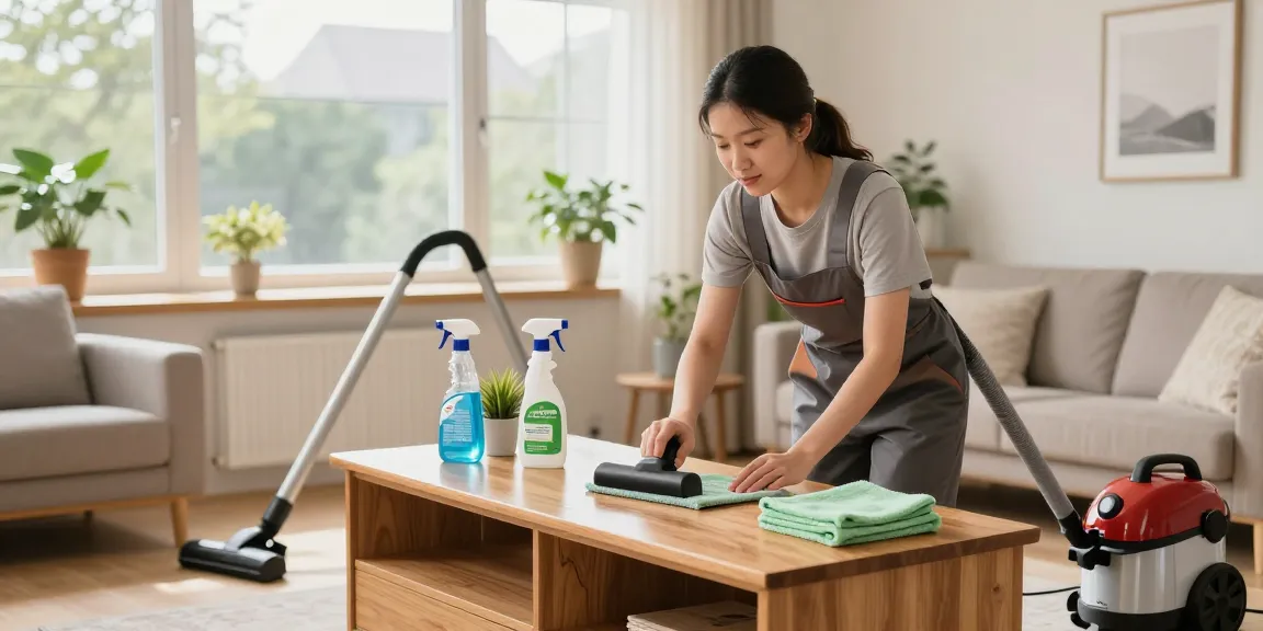 hauswartung solothurn service in a bright home, cleaner polishing furniture with eco-friendly supplies.