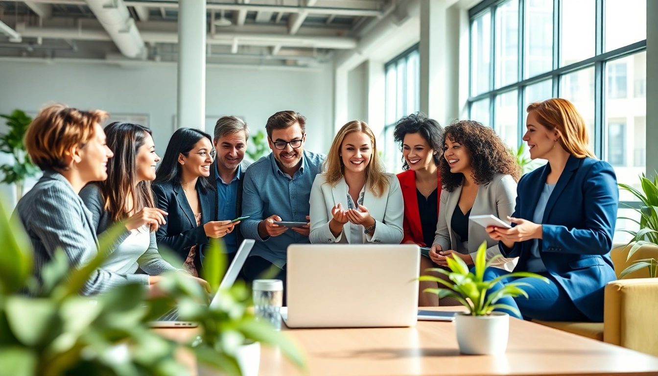 Showcasing workforce development, diverse professionals collaborate in a bright office environment.