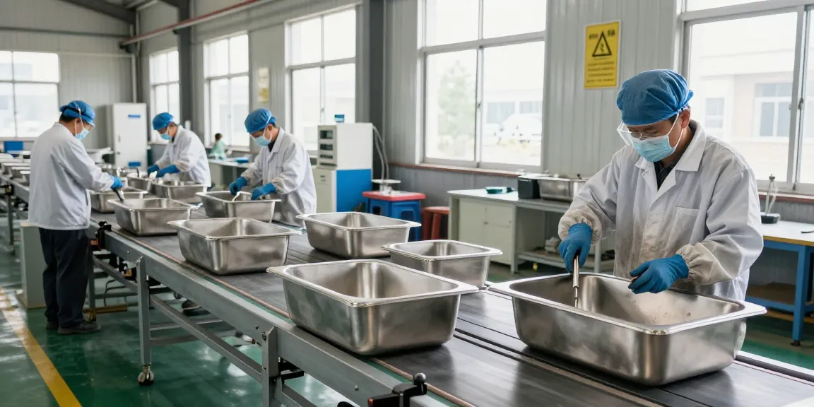 Manufacturing process at a stainless steel basin factory with workers assembling high-quality products.