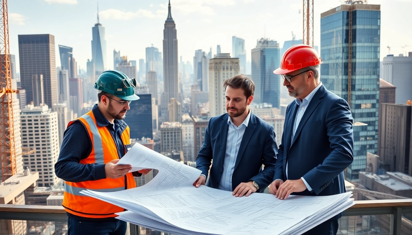 New York Commercial General Contractor team working on a high-rise project in NYC, showcasing teamwork and planning.