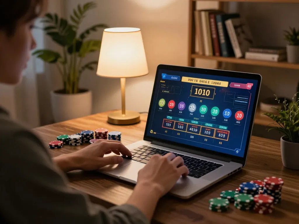 Player engaging with RR88 online casino on laptop, creating a strategic gaming atmosphere.