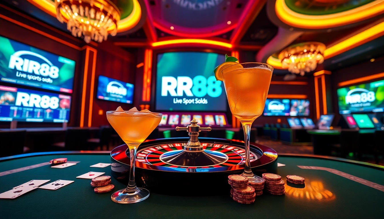 Experience the excitement of gambling with RR88's vibrant casino scene featuring roulette and poker elements.