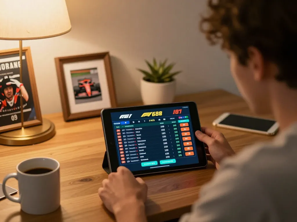 F168 player engaging in live sports betting on a tablet in a stylish home office