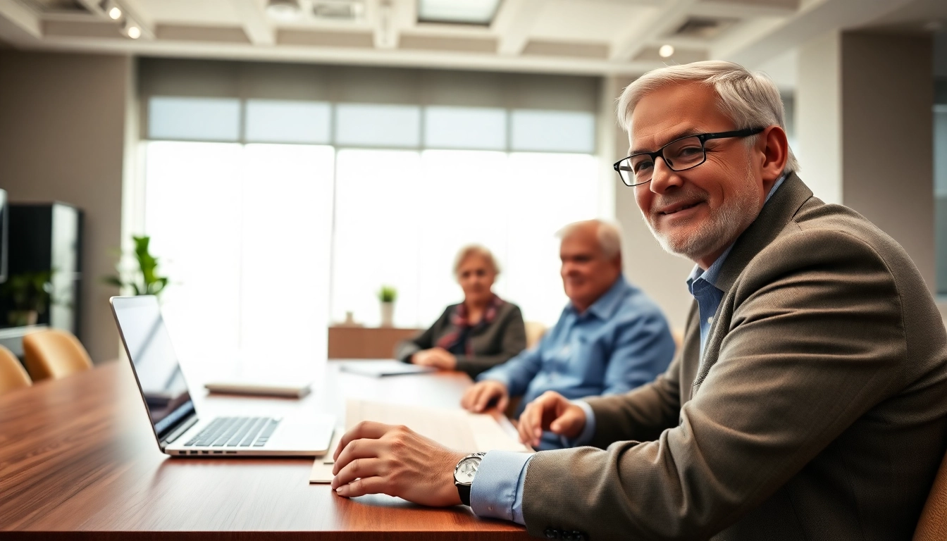 Engaging discussion on social security maximization strategies between an advisor and retirees in a professional setting.