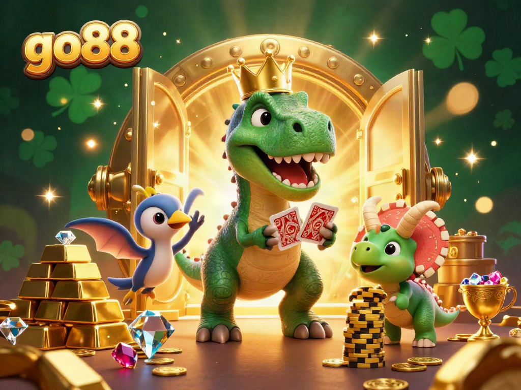 Experience go88's vibrant casino world with a T-Rex card dealer, dazzling treasures, and immersive gameplay elements.