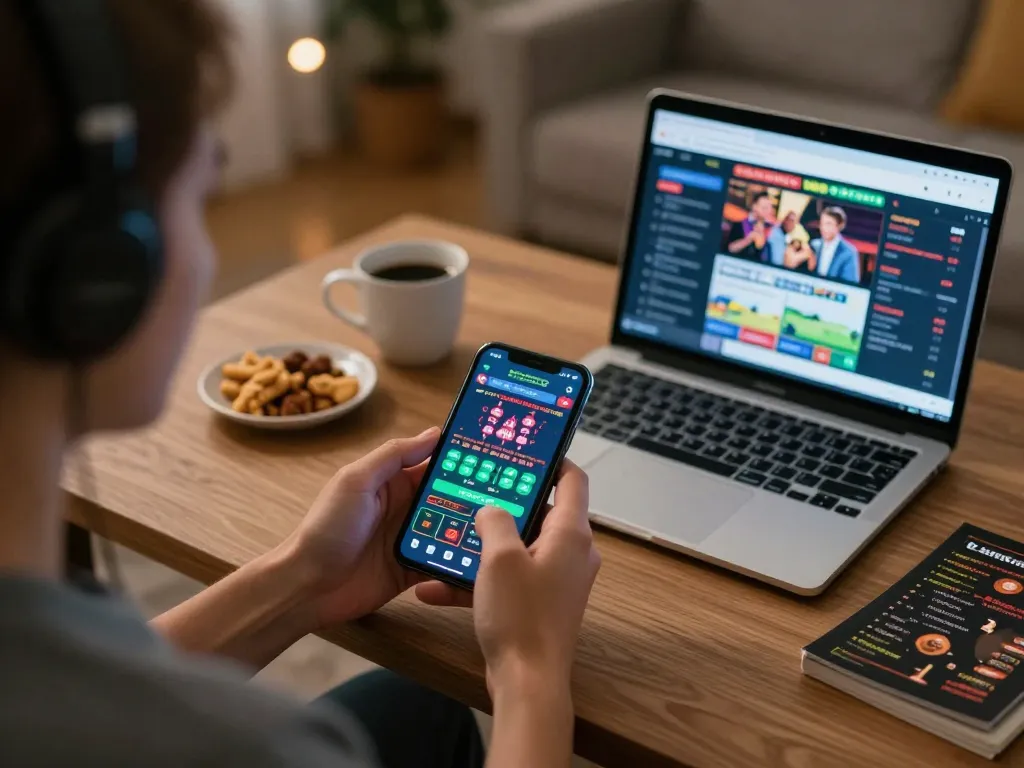 Engaging in Link Vivu88 chính thức online betting on a smartphone in a cozy home environment