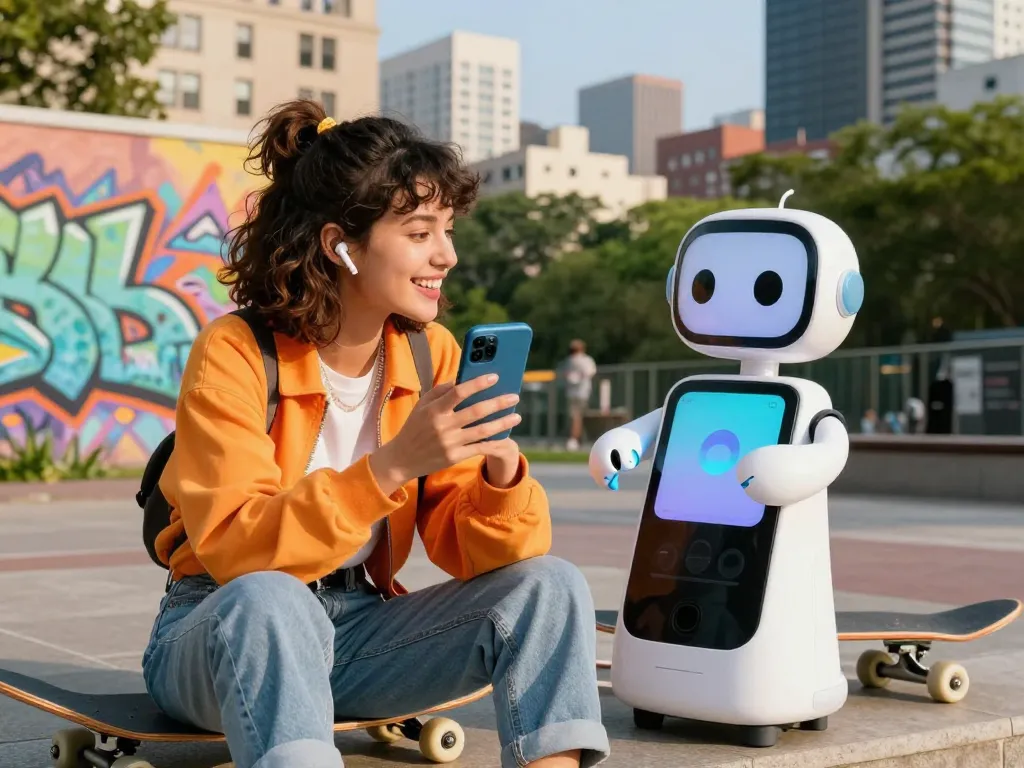 Young woman chatting with an AI slut chatbot in vibrant urban setting