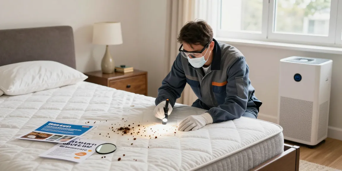 Bed bug exterminator inspecting mattress for an infestation in a clean bedroom.