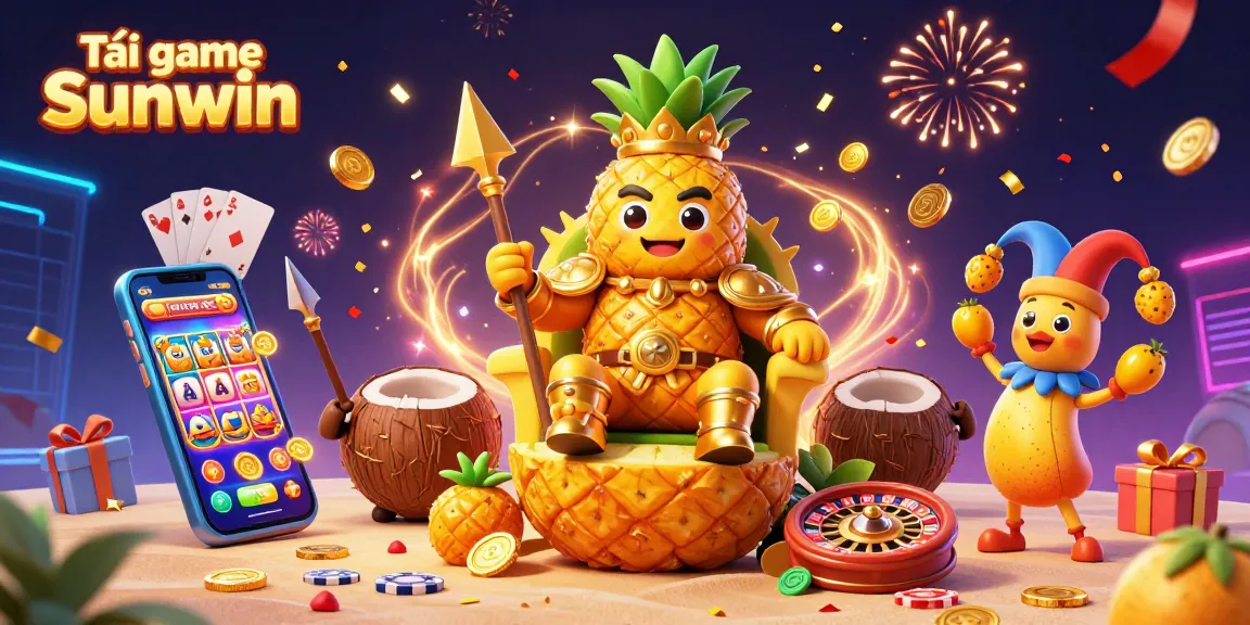 Tải game Sunwin in a vibrant setting with a golden pineapple king, mobile slots, and game elements for an exciting gaming scene.