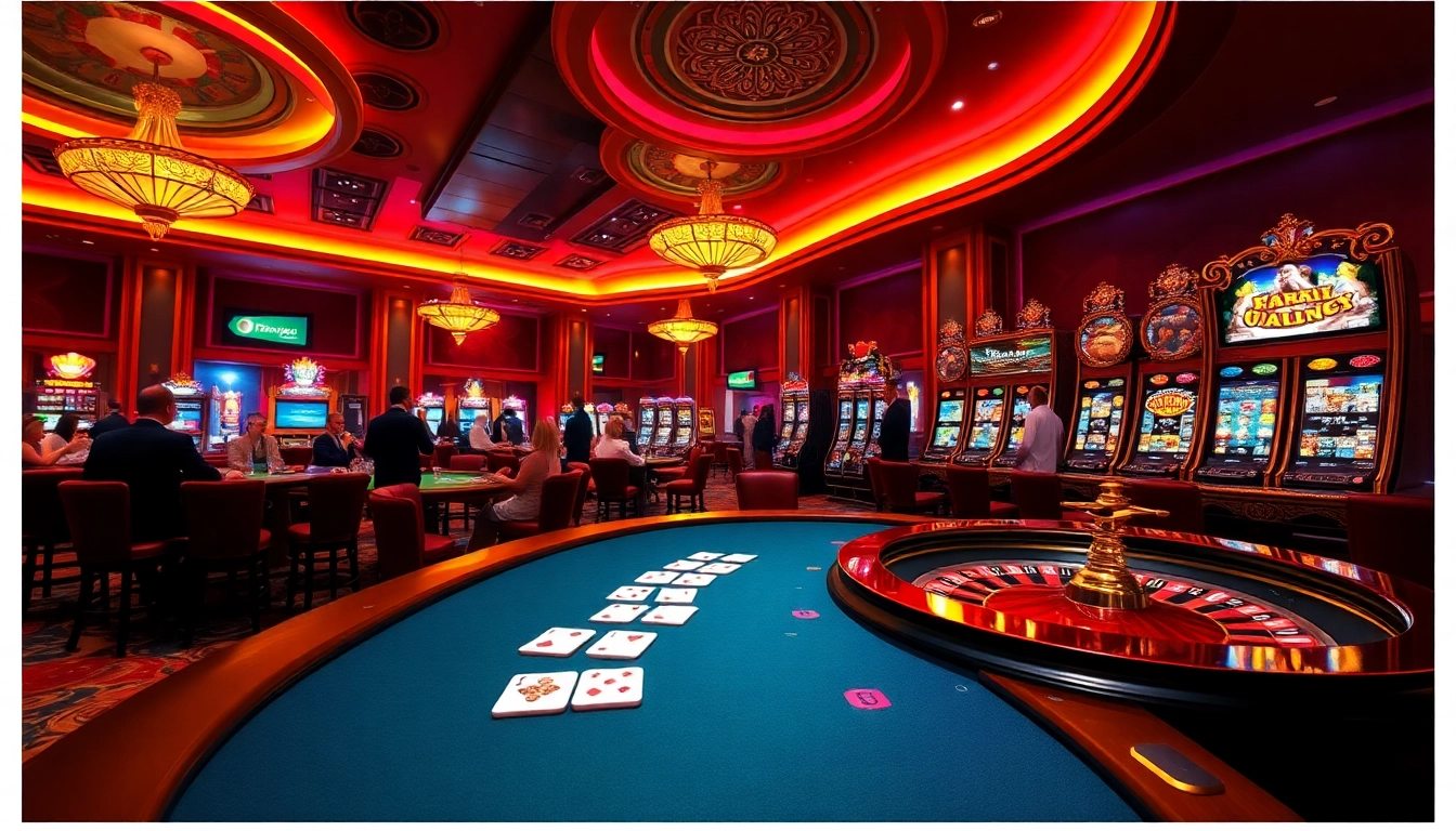 Experience the excitement of gambling at https://bem88.com with a luxurious casino scene featuring poker, roulette, and slot machines.